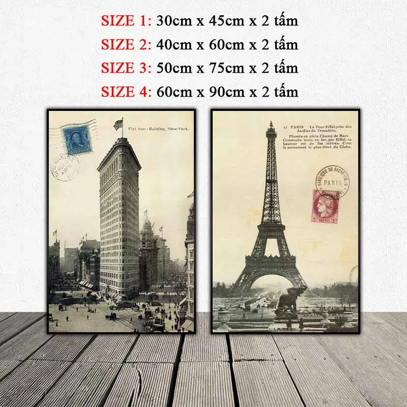 Tranh kiến trúc Tòa nhà Flatiron, New York và tháp Eiffel, Paris