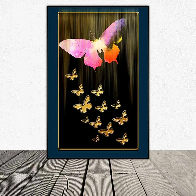 Tranh đàn bướm trừu tượng trên nền đen và vàng