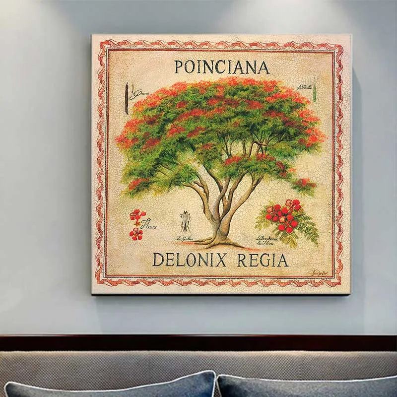 Tranh cây hoa phượng đỏ, hoa phượng tím và cây hoa đại