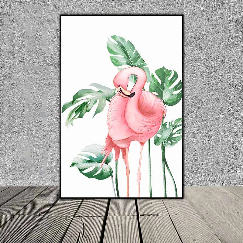 Tranh chim hồng hạc và lá cây nhiệt đới lá trầu bà lá Monstera