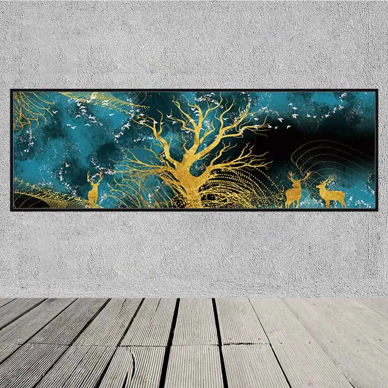 Tranh đàn nai và cây vàng trên đồi núi trừu tượng