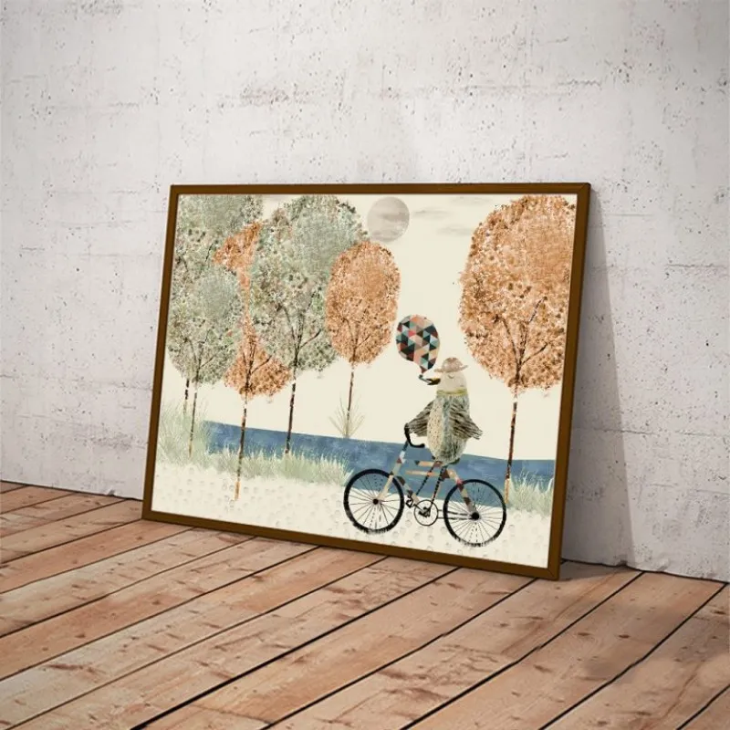 Tranh trừu tượng chú chim chạy xe đạp