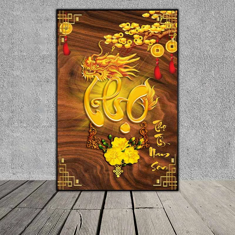 Tranh giả gỗ Phúc Lộc Thọ hình đầu rồng