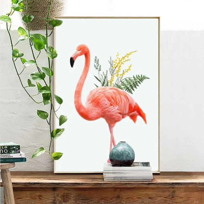 Tranh hồng hạc. hoa hồng và lá dương xỉ