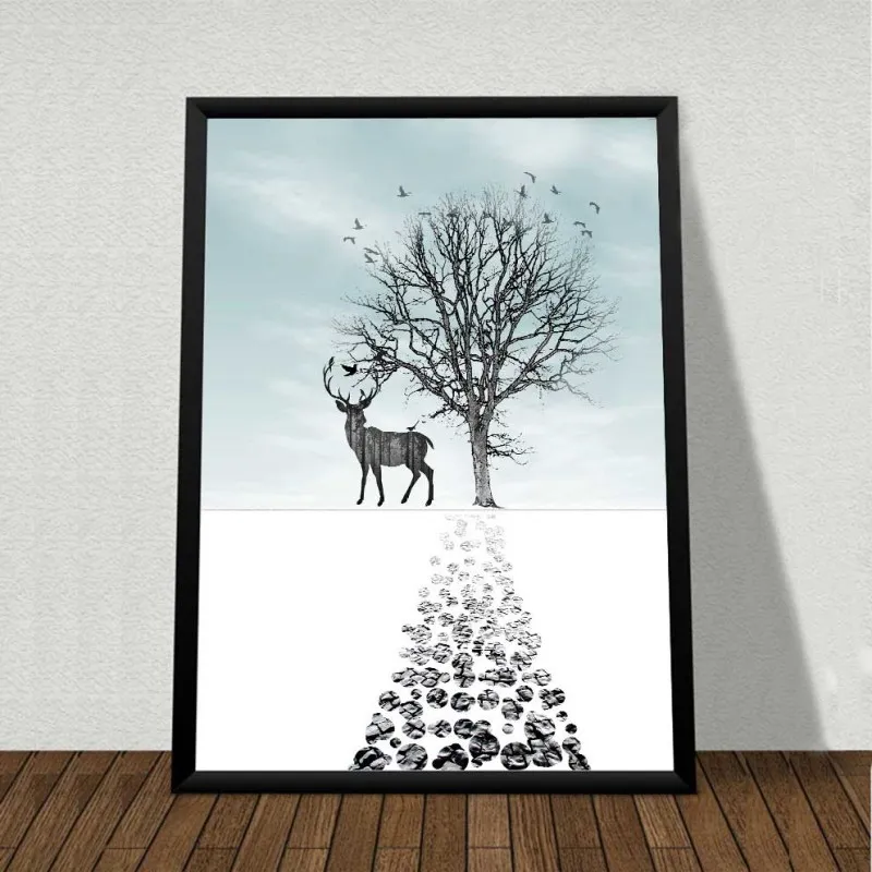 Tranh Nai và Hươu cao cổ đứng dưới cây khô