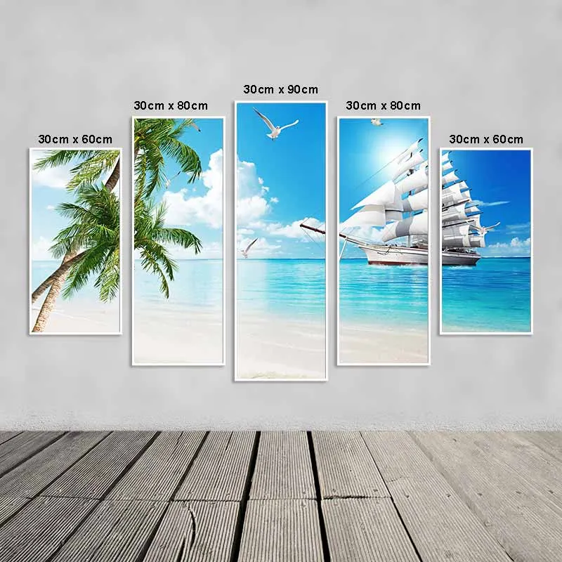 Tranh phong thủy thuận buồm xuôi gió, tranh thuyền buồm và vỏ ốc trên bãi cát