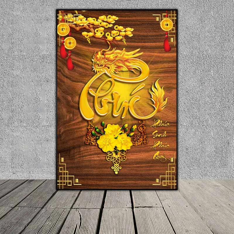 Tranh giả gỗ Phúc Lộc Thọ hình đầu rồng