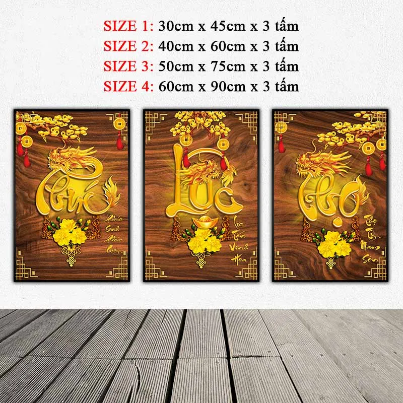 Tranh giả gỗ Phúc Lộc Thọ hình đầu rồng