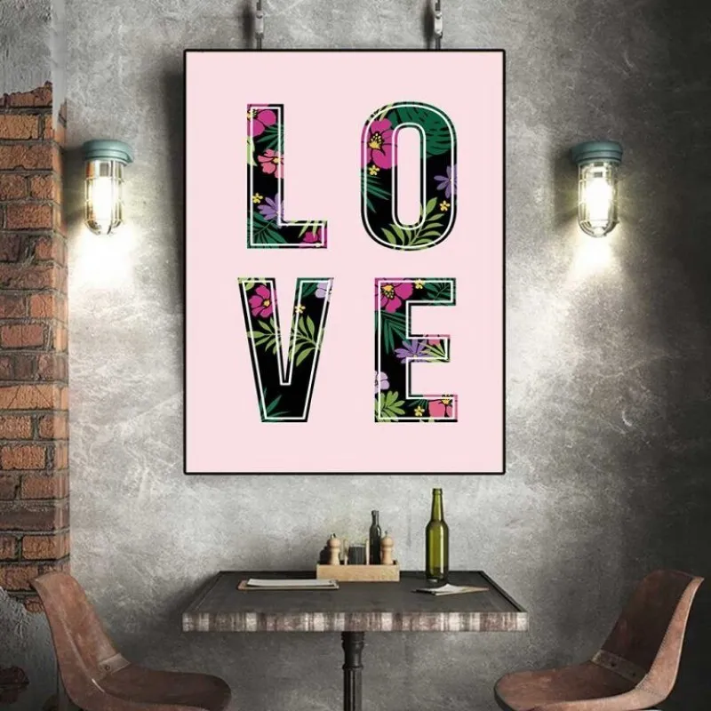 Tranh canvas hoa đào, chữ love và hươu nai