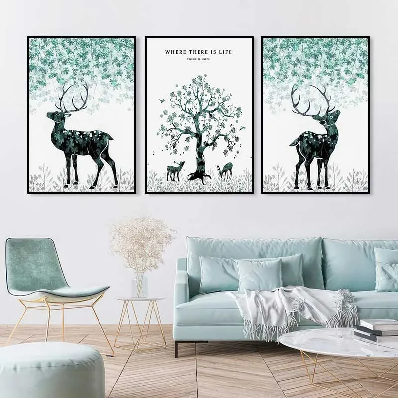 Bộ Tranh 3 tấm hươu với chủ đề Thiên Nhiên Bình Yên thu hút tài lộc