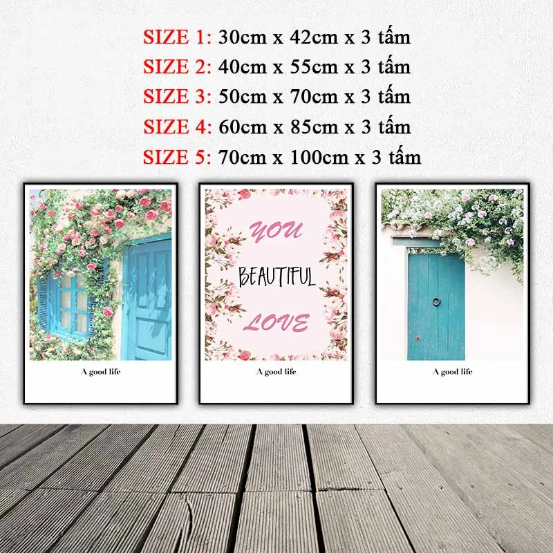 Tranh trang trí hiện đại giàn hoa hồng và cánh cửa màu xanh kết hợp chữ You Beautiful love