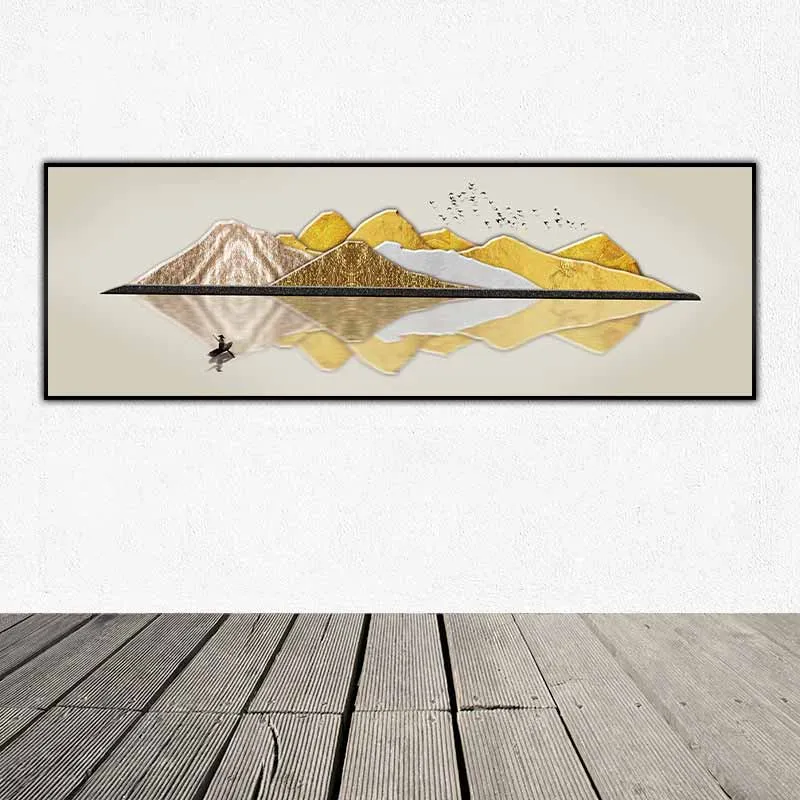 Tranh hiện đại núi đồi trừu tượng và người đang chèo thuyền