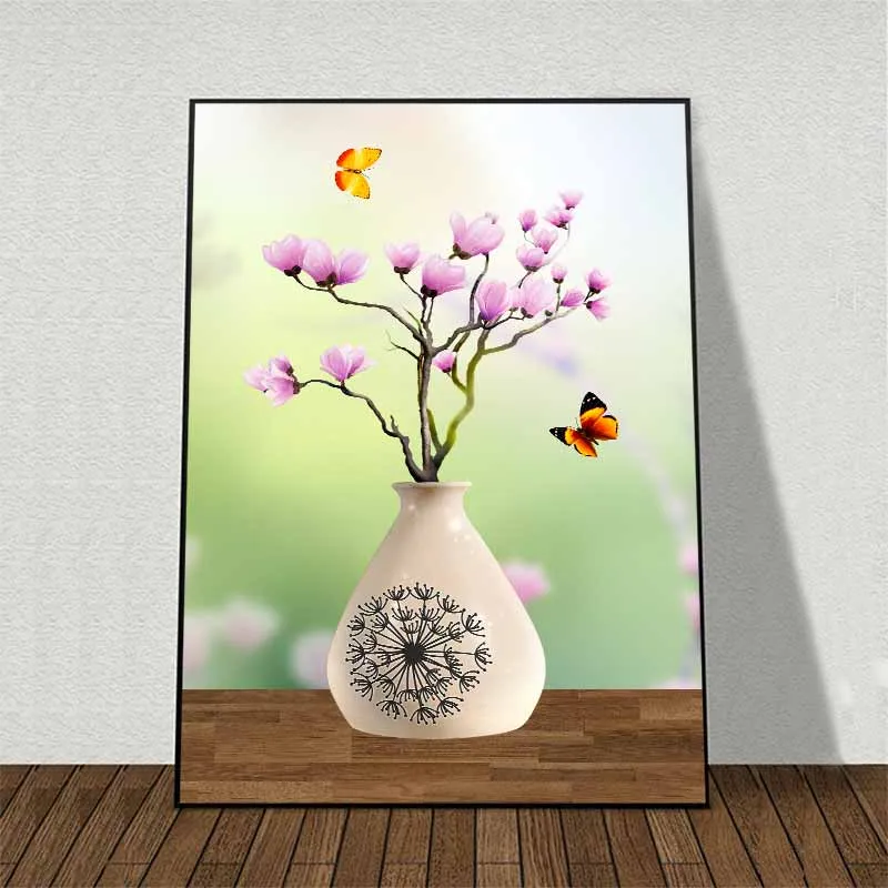 Tranh tĩnh vật bình gốm trắng hoa anh đào và đàn bướm