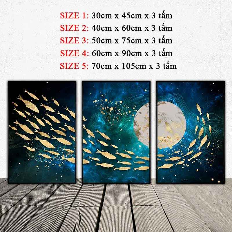 Tranh trừu tượng đàn cá bơi quanh bóng trăng