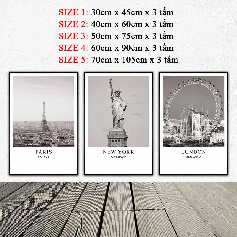 Tranh kiến trúc nổi tiếng tháp Eiffel, tượng Nữ thần Tự do, vòng quay London Eye