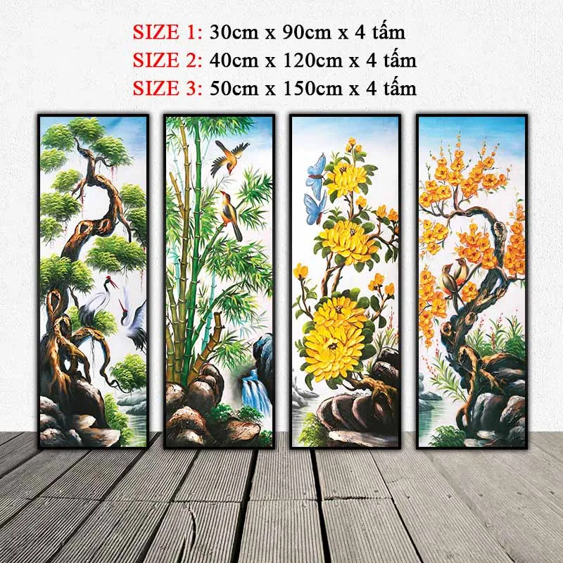 Tranh 4 mùa Tùng, Trúc, Cúc, Mai và đàn chim