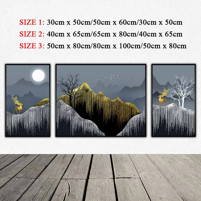 Tranh 2 con nai vàng đứng trên đồi núi trừu tượng