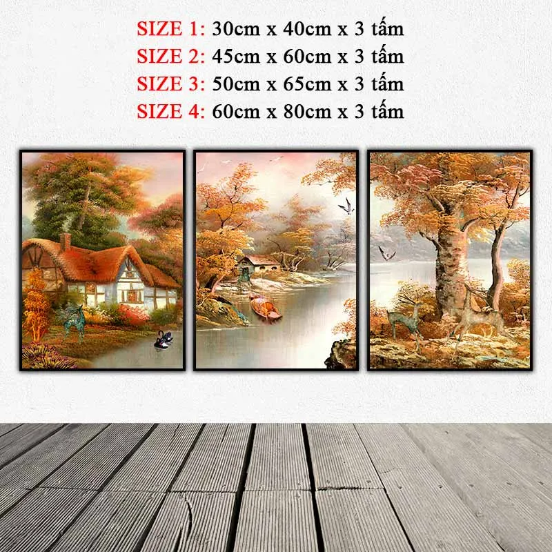 Tranh phong cảnh làng quê, dòng sông và con thuyền