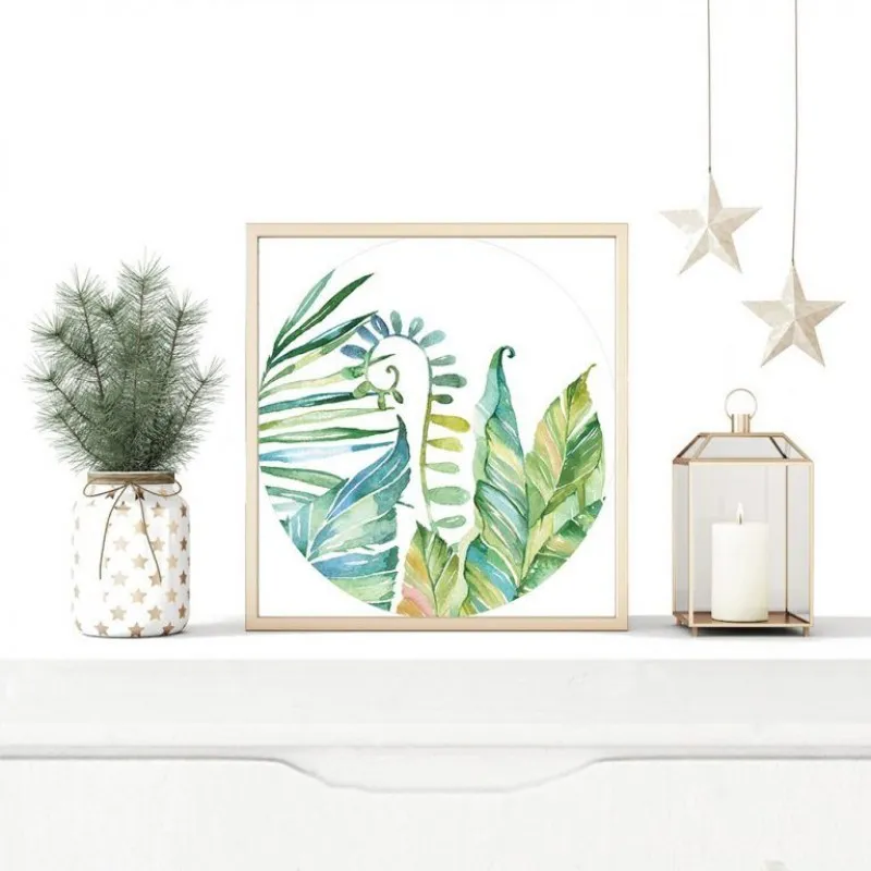 Tranh canvas lá cây màu nước khung vuông