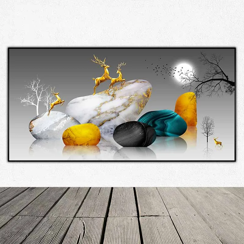 Tranh trừu tượng đàn nai vàng đang chạy nhảy trên những tảng đá phong thủy