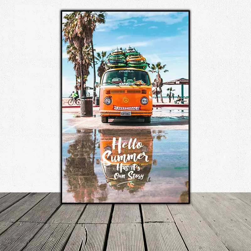 Tranh Bắc Âu chủ đề du lịch xe ô tô phong cảnh biển chữ I want to Travell look world