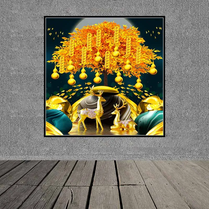 Tranh tài lộc đàn nai, cây tiền vàng những quả hồ lô