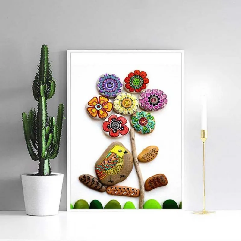 Tranh hoa và chim nhiều màu trừu tượng