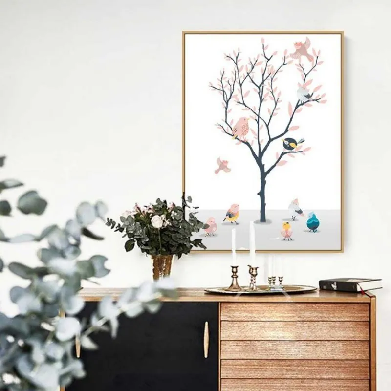 Tranh đàn chim ngộ nghĩnh dễ thương đậu trên cành cây khô