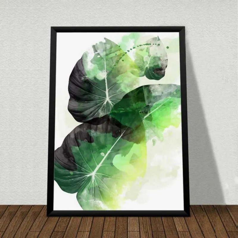 Tranh canvas lá cây nhiệt đới lá Môn, lá cây Phú quý theo phong cách màu nước