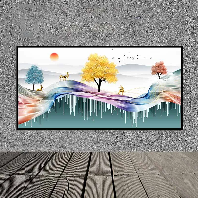 Tranh đàn nai bên cạnh cây lá vàng trên dãy núi trừu tượng