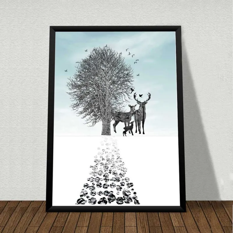 Tranh Nai và Hươu cao cổ đứng dưới cây khô