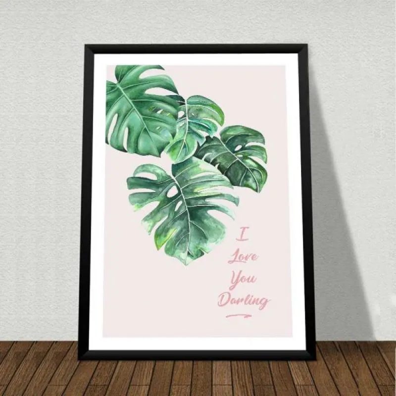 Tranh lá cây nhiệt đới lá chuối, lá cọ kết hợp chữ