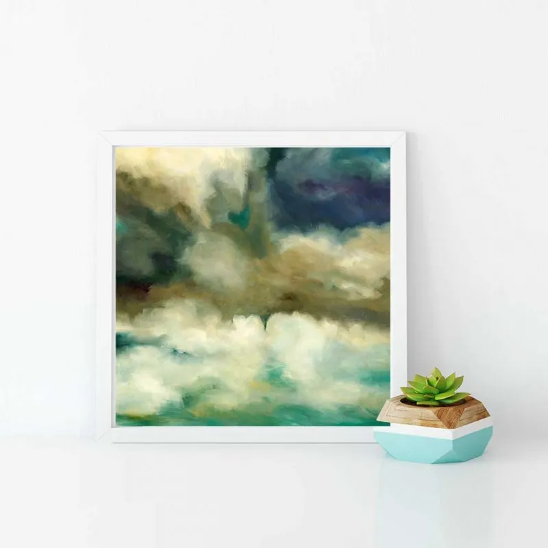 Tranh trừu tượng cá chép, chim ruồi, sóng biển và mây trời