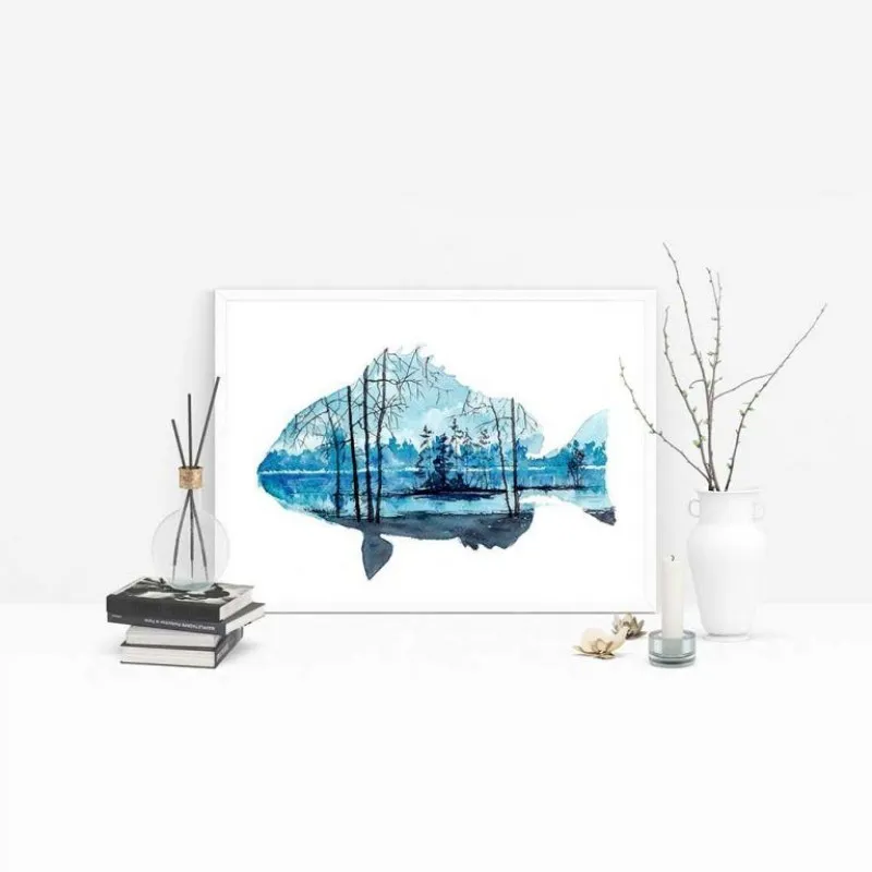 Tranh canvas động vật vịt trời, tuần lộc và cá trừu tượng