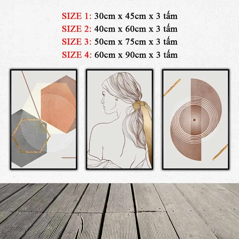 Tranh trừu tượng khối hình lục giác, hình tròn và đường nét cô gái