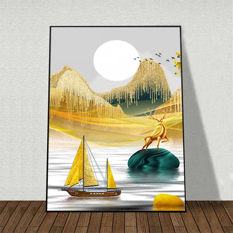 Tranh đàn nai chạy nhảy trên những tảng đá ngọc, đôi thiên nga kim cương và thuyền buồm vàng