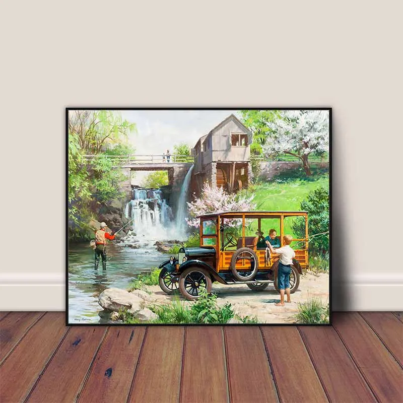 Tranh phong cảnh và những chiếc xe ô tô cổ, xe hơi cổ