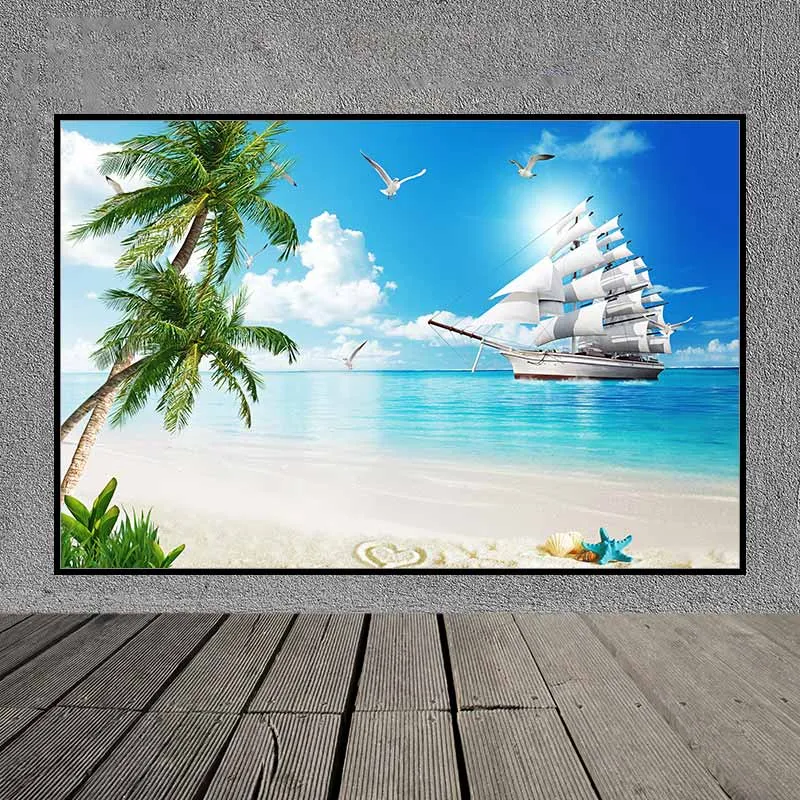 Tranh phong thủy thuận buồm xuôi gió, tranh thuyền buồm và vỏ ốc trên bãi cát
