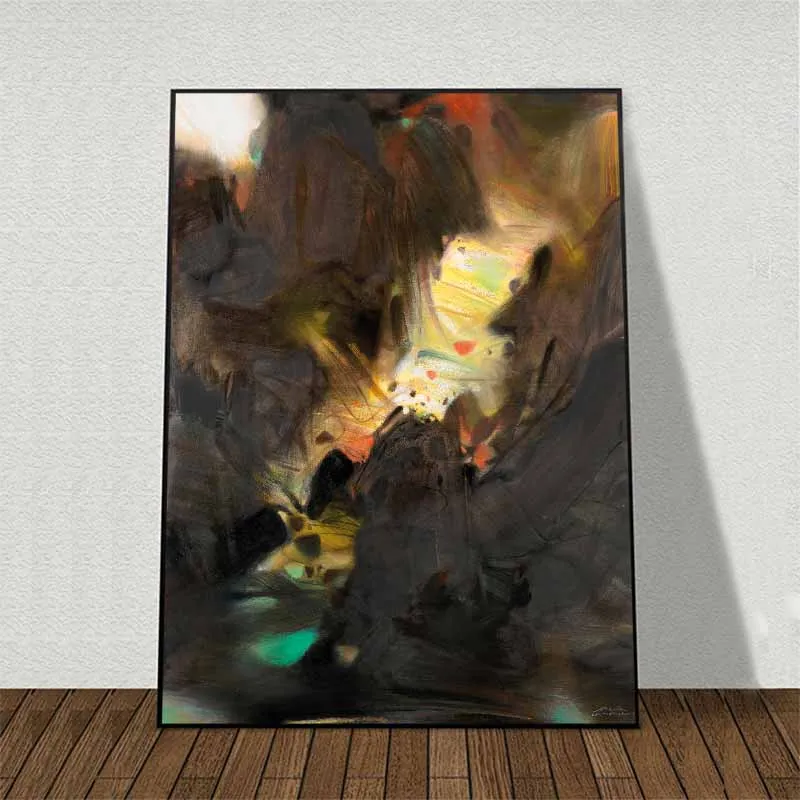 Tranh trừu tượng sắc nâu kết hợp vàng và mảng xanh ngọc