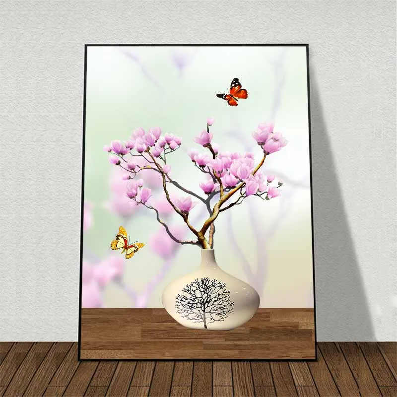 Tranh tĩnh vật bình gốm trắng hoa anh đào và đàn bướm