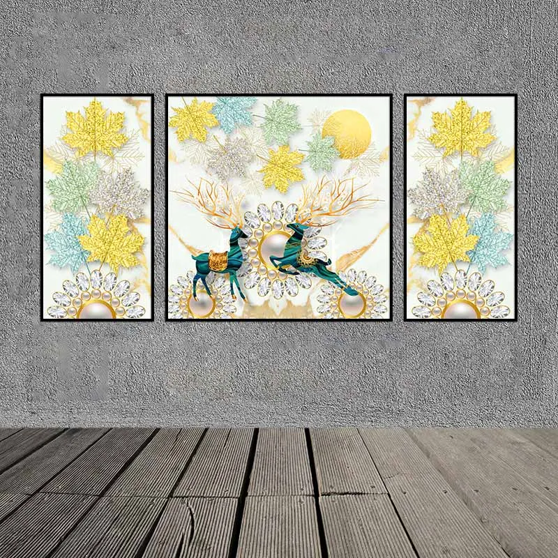 Tranh đôi nai chơi đùa bên những viên ngọc trai và những bông hoa tuyết