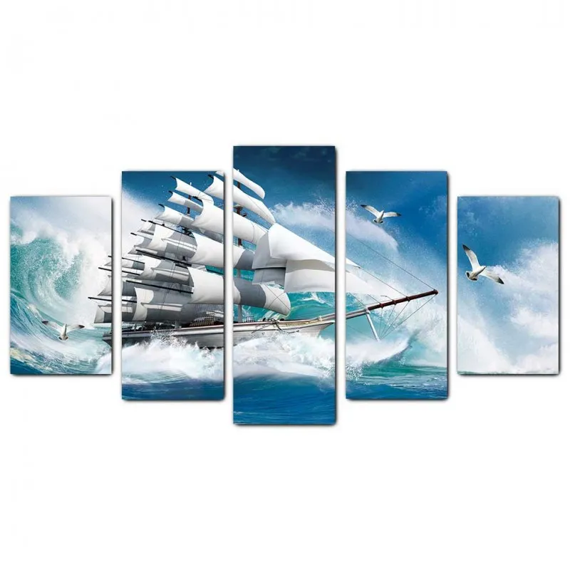 Tranh thuận buồm xuôi gió phong cảnh biển và thuyền buồm cùng chim hải âu