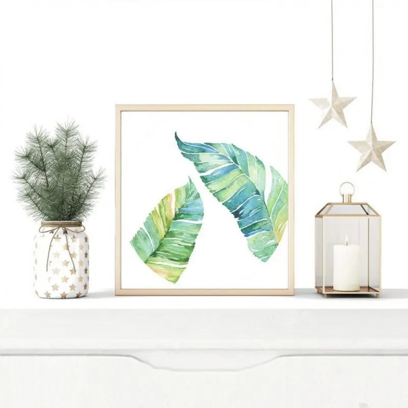 Tranh canvas lá cây màu nước khung vuông