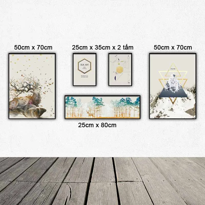 Tranh trừu tượng các khối hình học và hươu nai