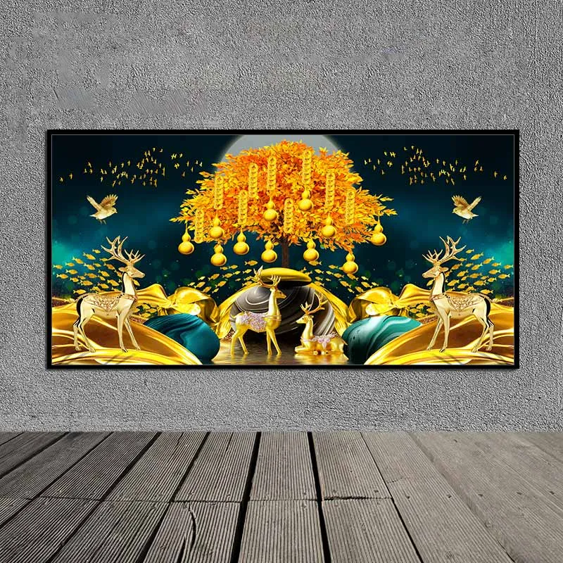 Tranh tài lộc đàn nai, cây tiền vàng những quả hồ lô