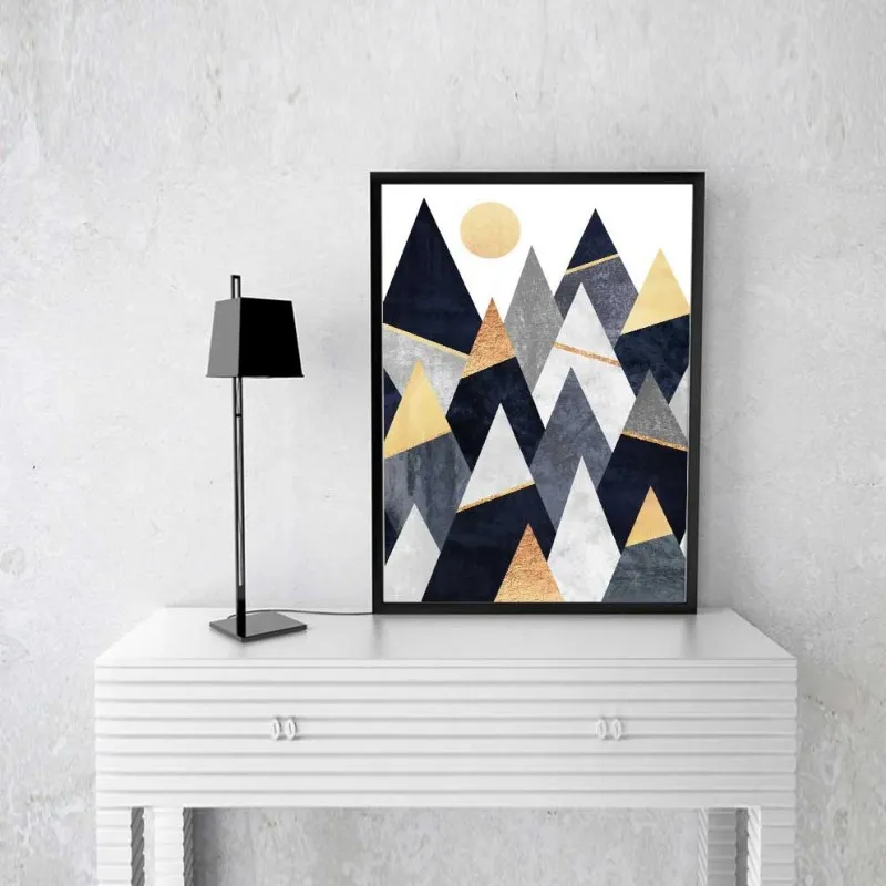 Tranh Scandinavian lá vàng gold, chữ legen, bọ hung và núi đồi trừu tượng