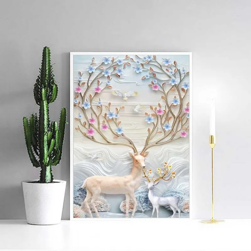 Tranh nai sừng lớn đầy hoa và hai cây hoa trắng