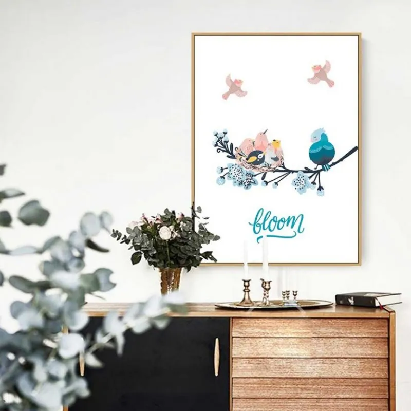 Tranh đàn chim ngộ nghĩnh dễ thương đậu trên cành cây khô