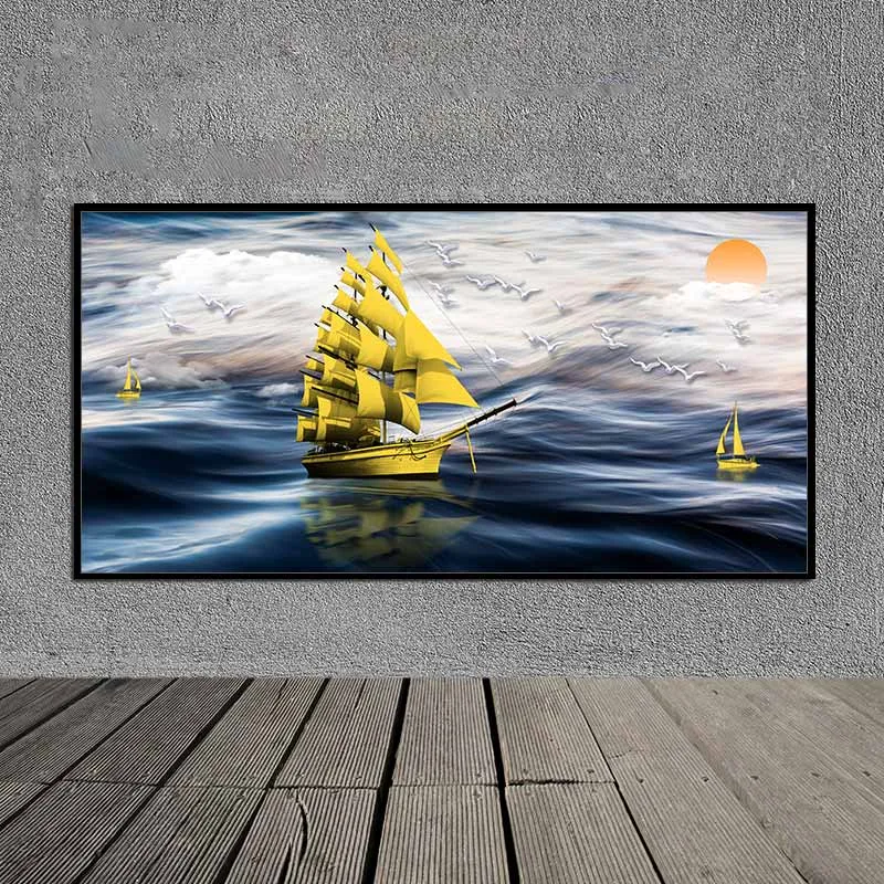 Tranh phong thủy thuận buồm xuôi gió, tranh thuyền buồm vàng