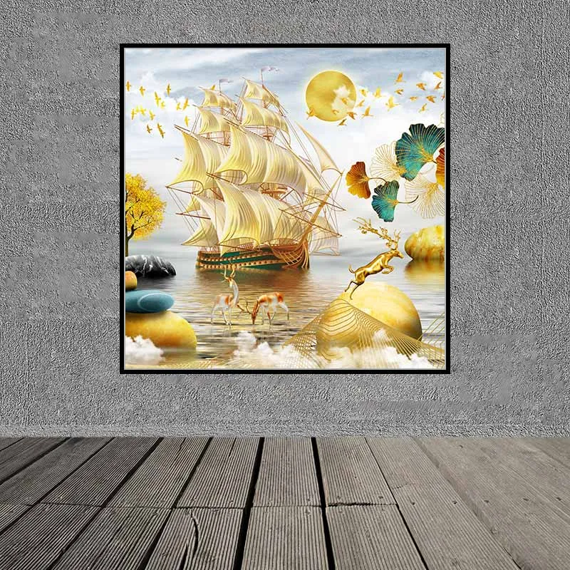 Tranh thuận buồm xuôi gió, đàn nai tài lộc trên những tảng đá phong thủy